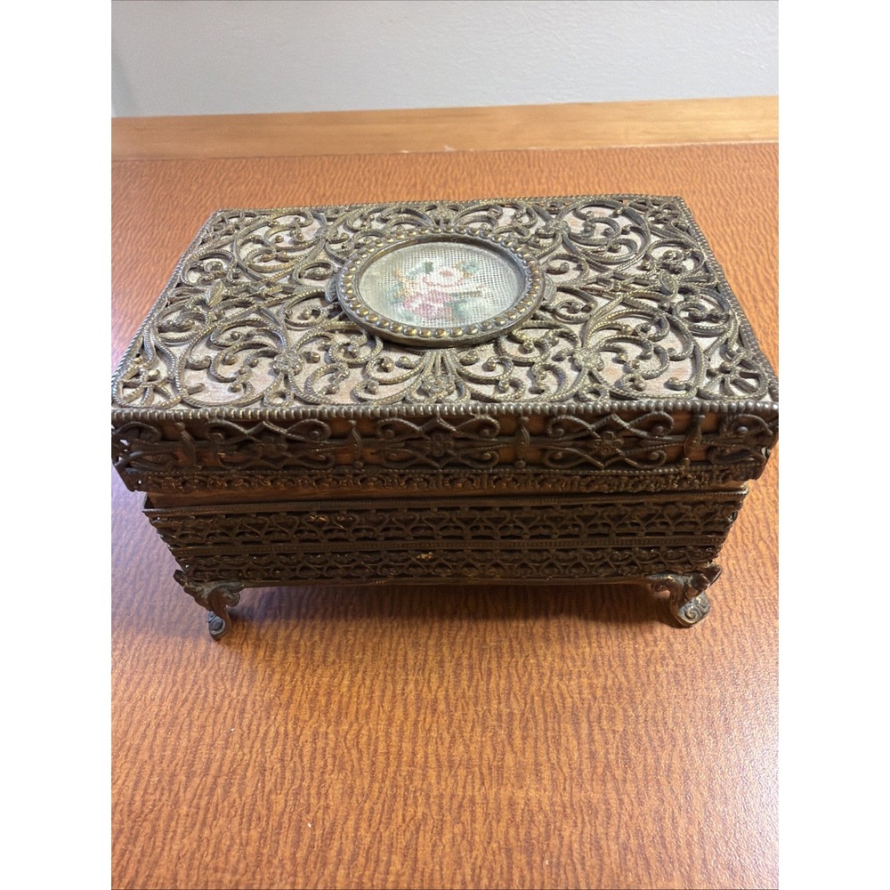 Vtg Ornate Filigree Trinket Or Jewelry Box With Fine Needlepoint Framed 4x2.5"